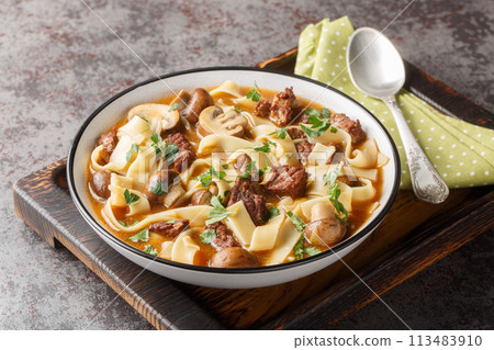 Stroganoff Soup is made with beef steak, mushrooms and noodles in a fragrant creamy broth closeup in a bowl. Horizontal Stroganoff Soup is made with beef steak, mushrooms and noodles in a fragrant creamy broth closeup in a bowl. Horizontal 113483910