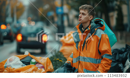 Caucasian male garbage worker carrying garbage bags in the city. 113483932
