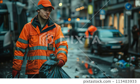 Caucasian male garbage worker carrying garbage bags in the city. 113483933