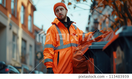 Caucasian male garbage worker carrying garbage bags in the city. 113483939