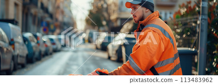 Caucasian male garbage worker carrying garbage bags in the city. 113483962
