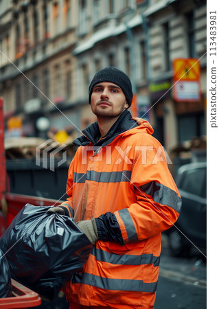 Caucasian male garbage worker carrying garbage bags in the city. 113483981