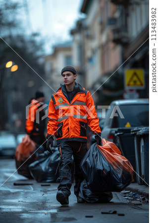 Caucasian male garbage worker carrying garbage bags in the city. 113483982
