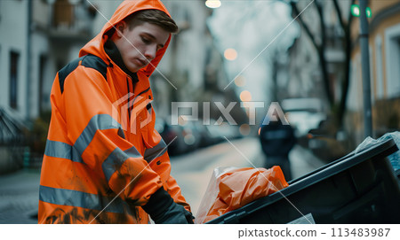 Caucasian male garbage worker carrying garbage bags in the city. 113483987