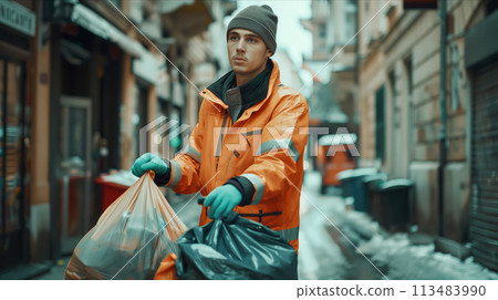 Caucasian male garbage worker carrying garbage bags in the city. 113483990