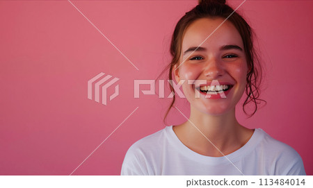 Caucasian woman wearing t-shirt on pink background. 113484014