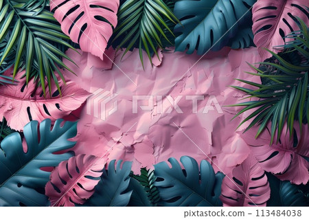 Tropical leaves and paper on a pink background, AI 113484038