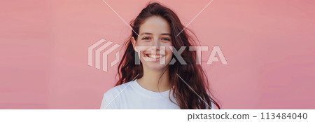 Caucasian woman wearing t-shirt on pink background. Caucasian woman wearing t-shirt on pink background. 113484040