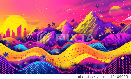 A colorful abstract painting of a mountain range with sun and clouds, AI A colorful abstract painting of a mountain range with sun and clouds, AI 113484093