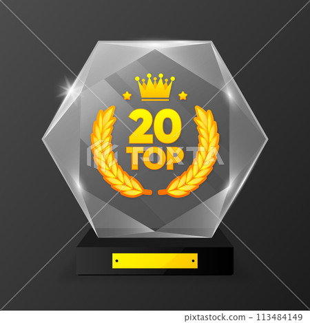 Top 20 Rating Chart. Best in the ranking. Winner in the category. Crystal figurine. Vector illustration. 113484149