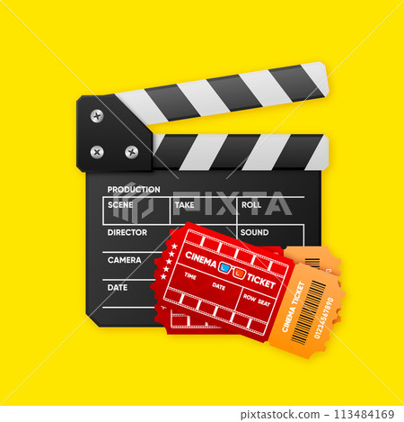 Film clapper board and cinema tickets. Movie clapper for cinema. Flat design style. Vector illustration. 113484169