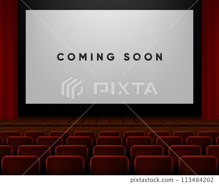 Cinema or theater hall with the inscription coming soon on the screen. Session announcement or advertising display. Vector illustration. 113484202