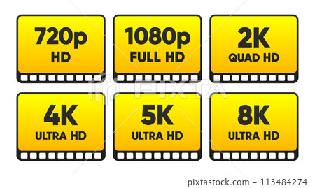 4K UHD, Quad HD, Full HD and HD resolution nameplates on white background. TV symbols and icons. Vector illustration. 113484274