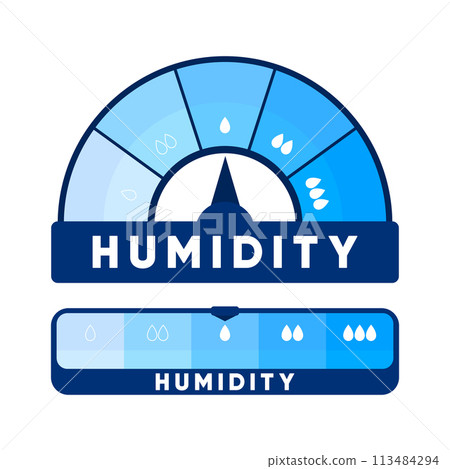 Humidity level. Water Temperature Indicator. Humidity meter. Measuring dashboard with arrow. Vector illustration. Humidity level. Water Temperature Indicator. Humidity meter. Measuring dashboard with arrow. Vector illustration. 113484294