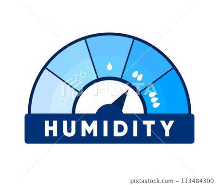 Humidity level. Water Temperature Indicator. Humidity meter. Measuring dashboard with arrow. Vector illustration. Humidity level. Water Temperature Indicator. Humidity meter. Measuring dashboard with arrow. Vector illustration. 113484300