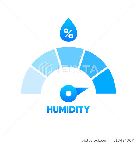 Humidity level. Water Temperature Indicator. Humidity meter. Measuring dashboard with arrow. Vector illustration. Humidity level. Water Temperature Indicator. Humidity meter. Measuring dashboard with arrow. Vector illustration. 113484307