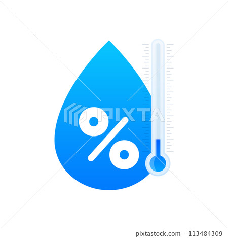 Humidity level. Water Temperature Indicator. Mercury thermometer and water drop. Temperature and humidity level. Vector illustration. 113484309