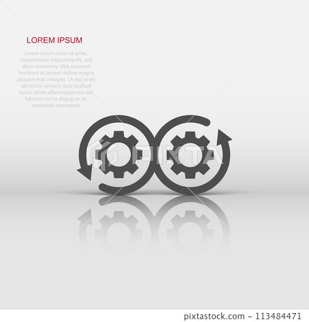 Development icon in flat style. Devops vector illustration on white isolated background. Cog with arrow business concept. Development icon in flat style. Devops vector illustration on white isolated background. Cog with arrow business concept. 113484471