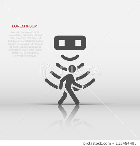 Motion sensor icon in flat style. Sensor waves with man vector illustration on white isolated background. People security connection business concept. 113484493