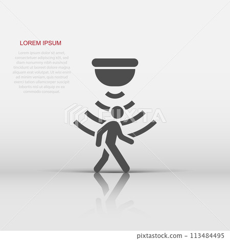 Motion sensor icon in flat style. Sensor waves with man vector illustration on white isolated background. People security connection business concept. Motion sensor icon in flat style. Sensor waves with man vector illustration on white isolated background. People security connection business concept. 113484495