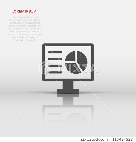 Analytic monitor icon in flat style. Diagram vector illustration on white isolated background. Statistic business concept. 113484528
