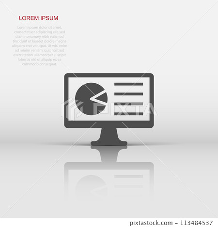 Analytic monitor icon in flat style. Diagram vector illustration on white isolated background. Statistic business concept. 113484537