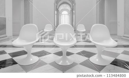 A group of white chairs are sitting on a checkered floor, AI 113484800