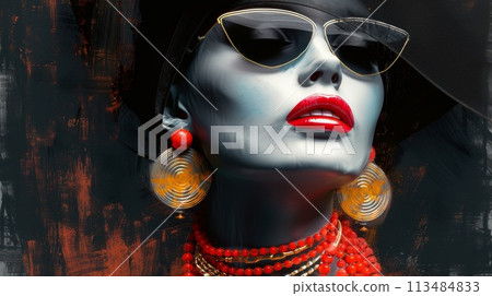 A woman wearing a hat and sunglasses with red lips, AI 113484833