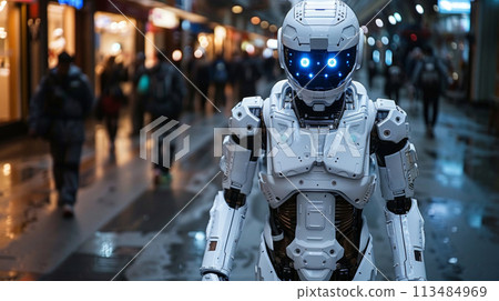 A robot with glowing eyes walking down a city street, AI 113484969