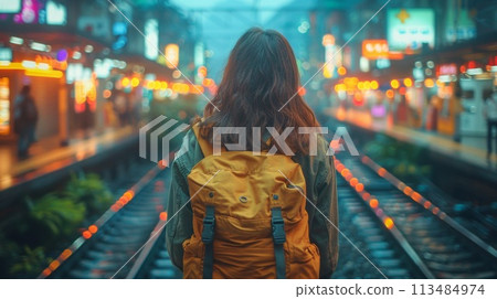 A woman with a yellow backpack standing on train tracks, AI 113484974