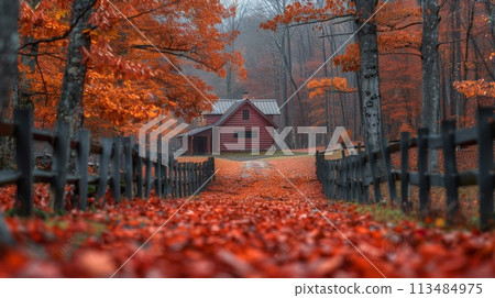 A red house surrounded by trees and leaves on a path, AI 113484975