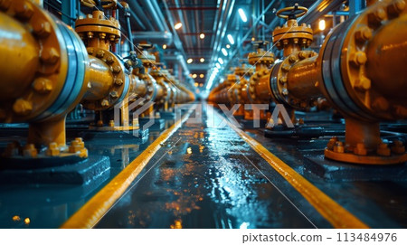 A row of yellow pipes in a large room with water, AI 113484976
