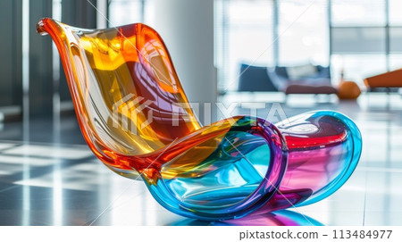 A colorful chair with a rainbow colored seat and back, AI 113484977