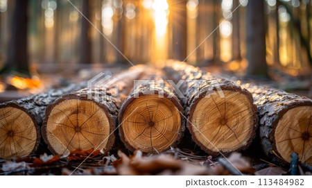 A group of tree trunks sitting in a forest with the sun shining through, AI 113484982
