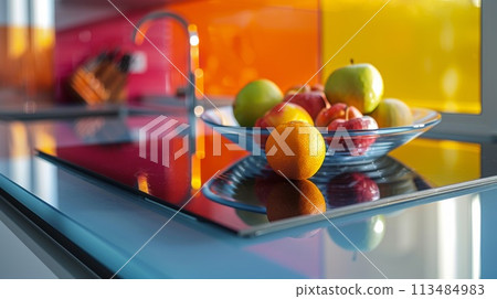 A bowl of fruit on a glass counter top with an orange, AI 113484983