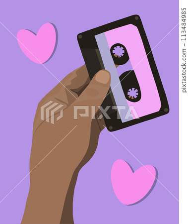 Vector isolated illustration of tape recorder cassette. Nostalgia of the 90s. Audio cassette for listening to music. 113484985