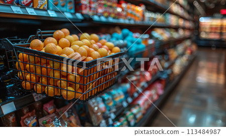 A basket of oranges in a grocery store aisle, AI 113484987