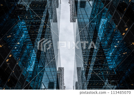 symmetry and mirrored geometry pattern, reflected skyscrapers and modern buildings abstract background, lines and tunnel futuristic technology concept symmetry and mirrored geometry pattern, reflected skyscrapers and modern buildings abstract background, lines and tunnel futuristic technology concept 113485070