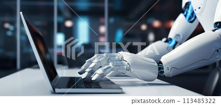 Futuristic Collaboration: AI Robot Hand Interacting with Laptop in Lab. Generative ai 113485322