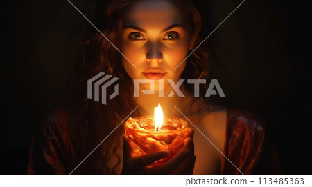 Serene Glow: Woman with Beautiful Burning Candle Portrait. Generative ai 113485363