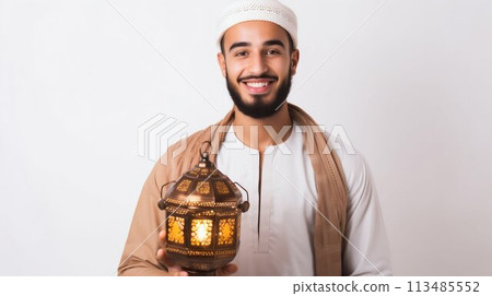 Eid Celebration: Smiling Man with Traditional Lantern. Generative ai 113485552