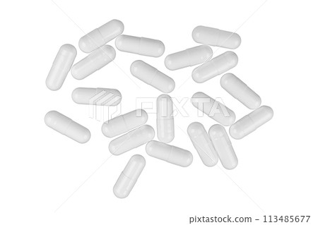 Scattered white medicine pill capsules isolated on white background 113485677