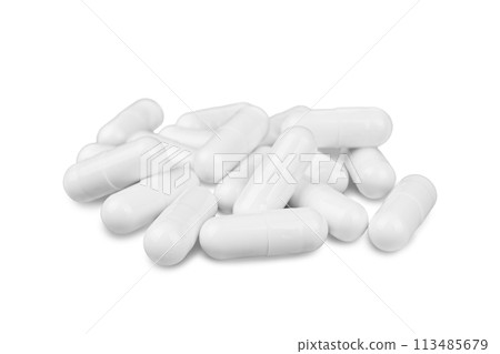 Pile of white medicine pill capsules isolated on white background Pile of white medicine pill capsules isolated on white background 113485679