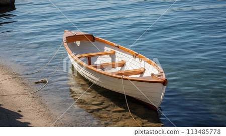 small boat with seating for two is parked on the water's edge.AI Generated 113485778