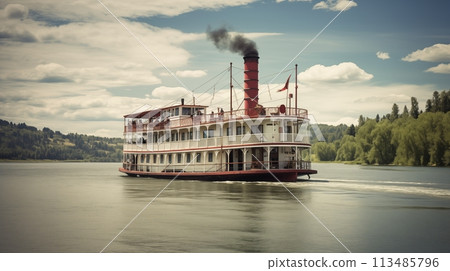 Vintage riverboat cruise offers historic travel on steamboats.AI Generated Vintage riverboat cruise offers historic travel on steamboats.AI Generated 113485796