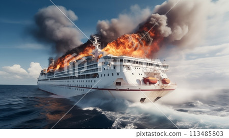 Fiery blaze engulfs majestic cruise ship amid cerulean sea.AI Generated 113485803