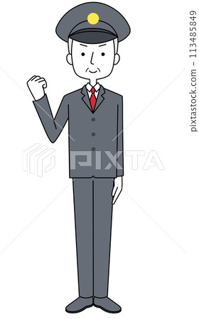 膽量擺出一個穿著制服的中年男子的全身插圖 113485849