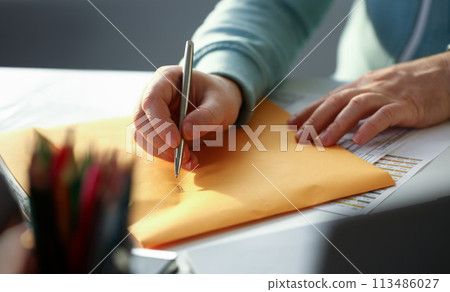 Male hand holding silver pen 113486027