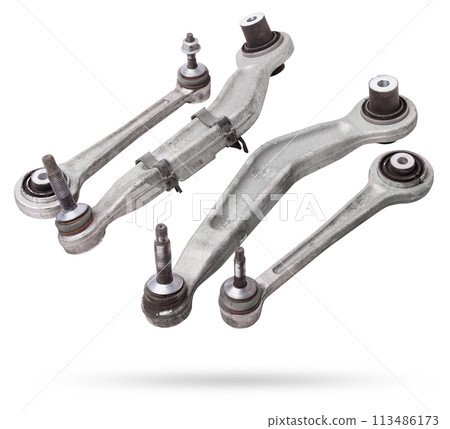 Curved metal chassis arm lever with ball and rubber-metal joint with bushings - silent block on a white isolated background. Detail for suspension repair in a workshop or garage. Curved metal chassis arm lever with ball and rubber-metal joint with bushings - silent block on a white isolated background. Detail for suspension repair in a workshop or garage. 113486173