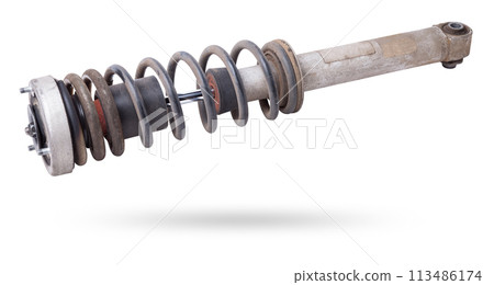 Shock absorber struts with black springs after being used on a car during replacement and repair on a white isolated background. Used spare parts. Auto parts catalog. 113486174